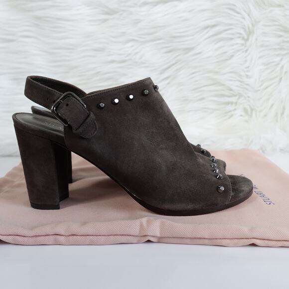 Stuart Weitzman Commodore Charcoal Grey Suede Open Toe Ankle Strap Heels